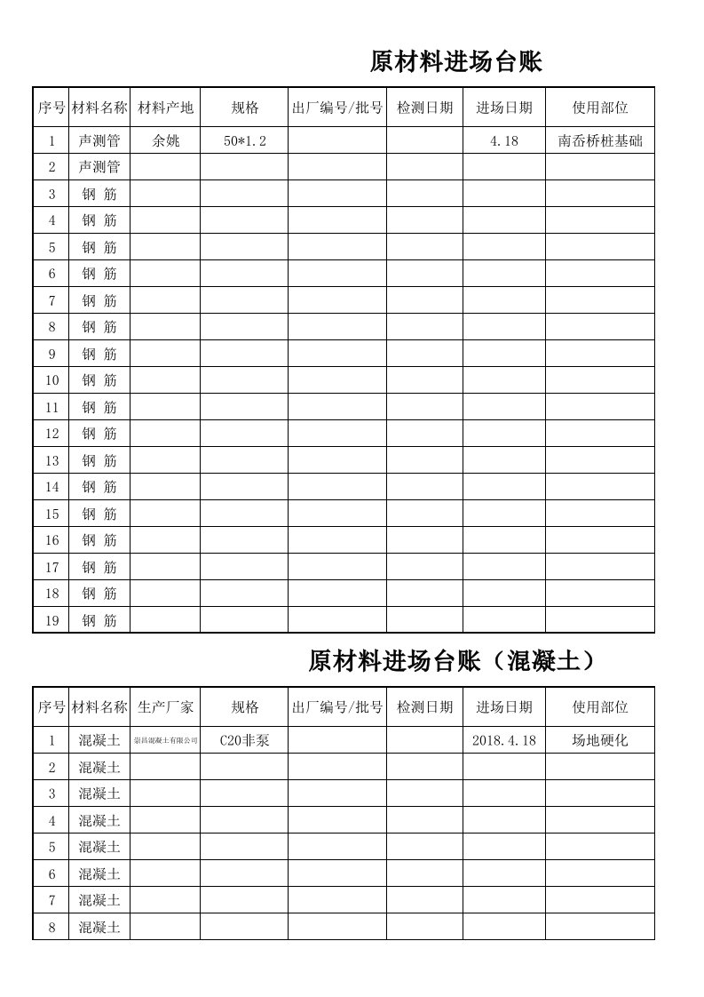 工程原材料进场台账表格样式