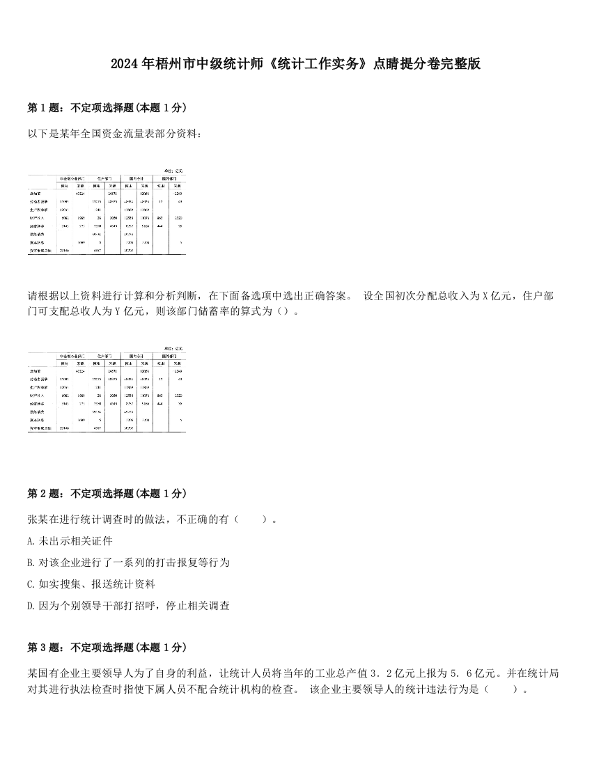 2024年梧州市中级统计师《统计工作实务》点睛提分卷完整版