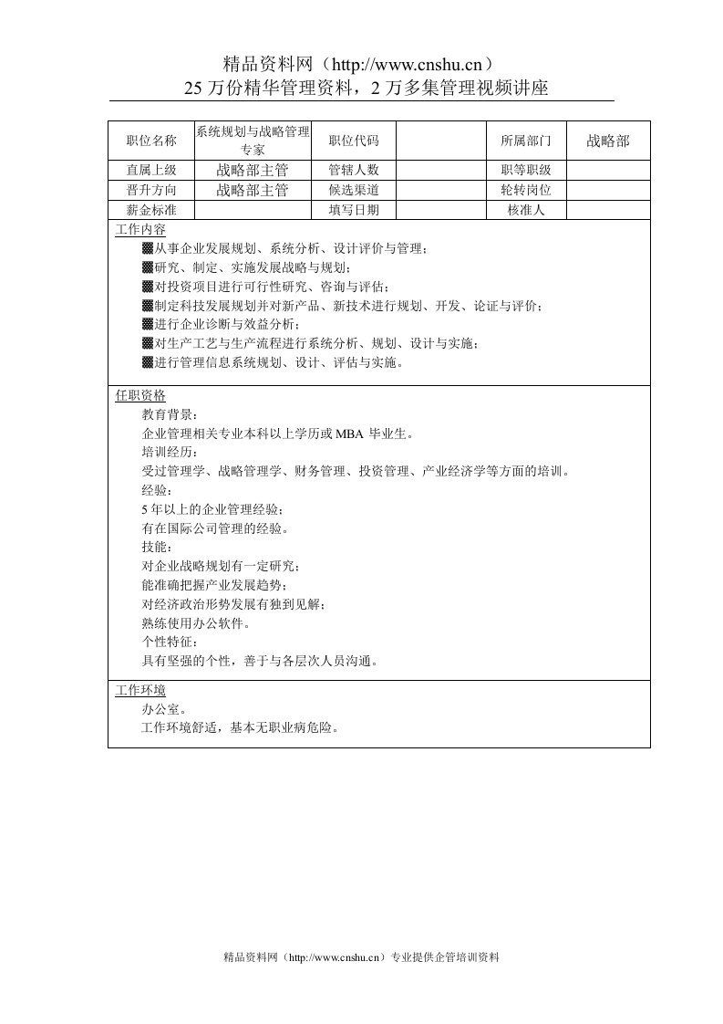 系统规划与战略管理专家岗位说明书