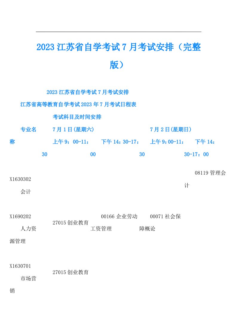 江苏省自学考试7月考试安排（完整版）