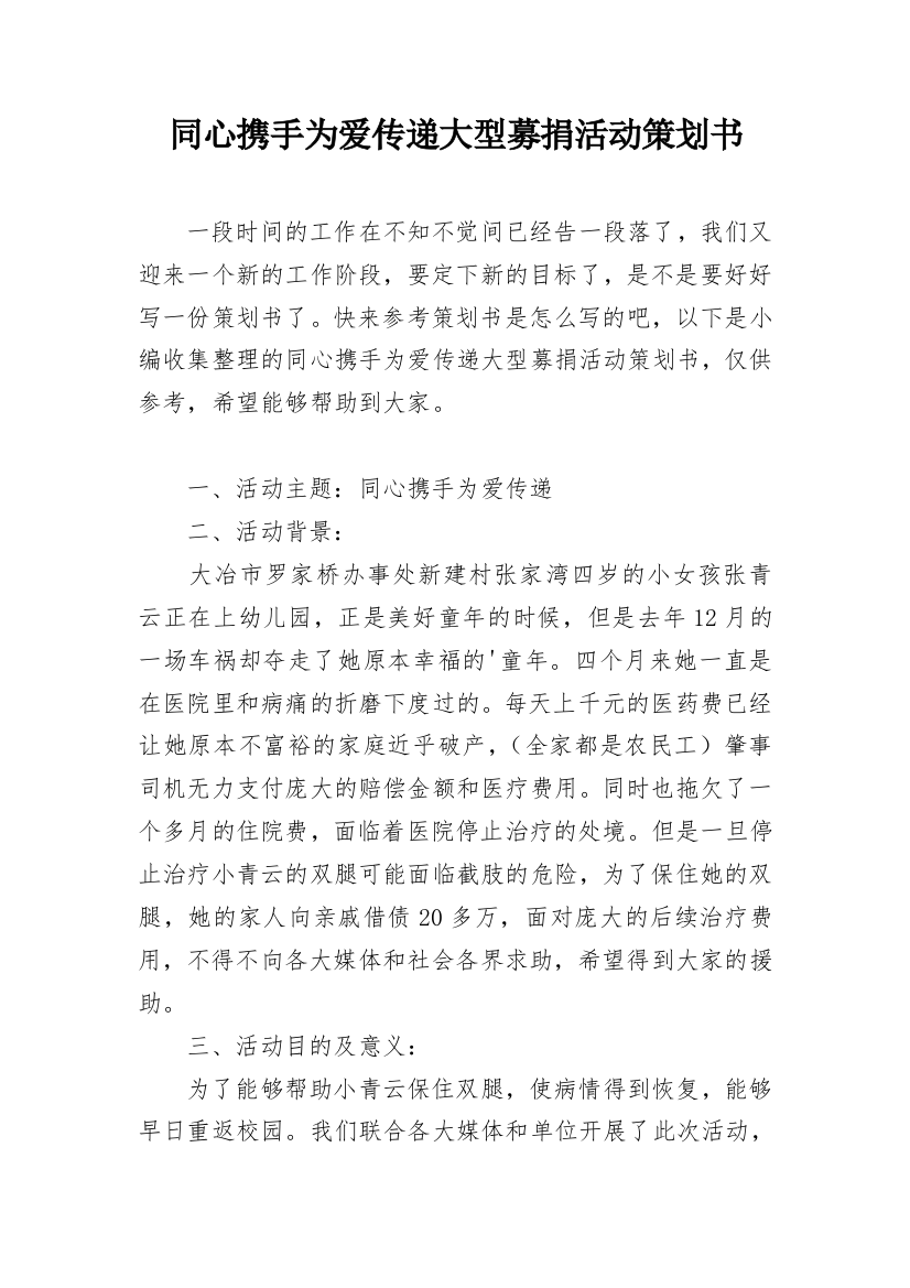 同心携手为爱传递大型募捐活动策划书