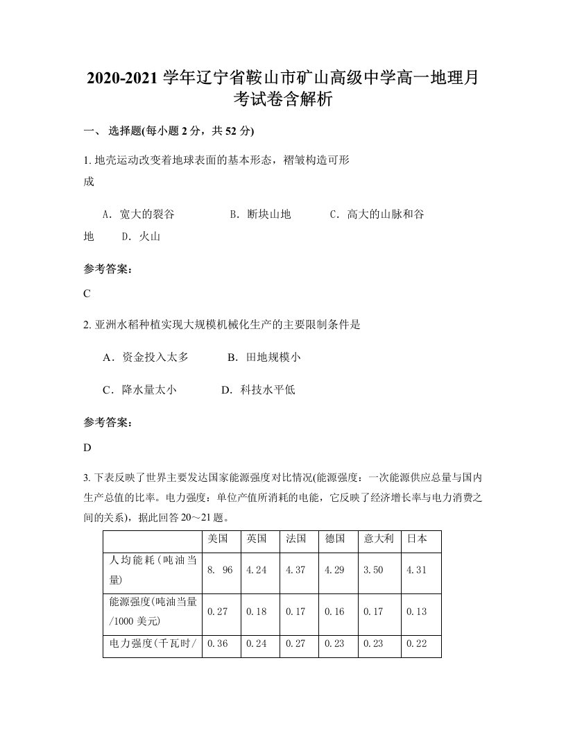 2020-2021学年辽宁省鞍山市矿山高级中学高一地理月考试卷含解析