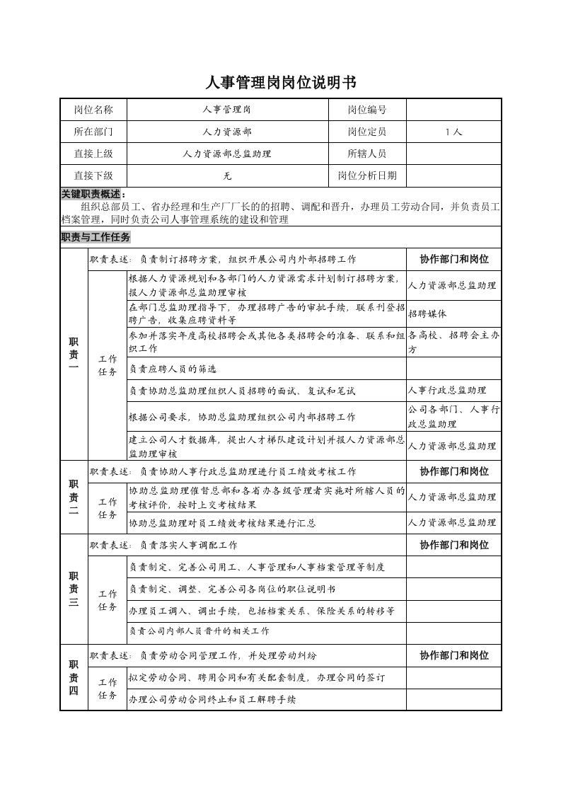 人事管理岗岗位说明书