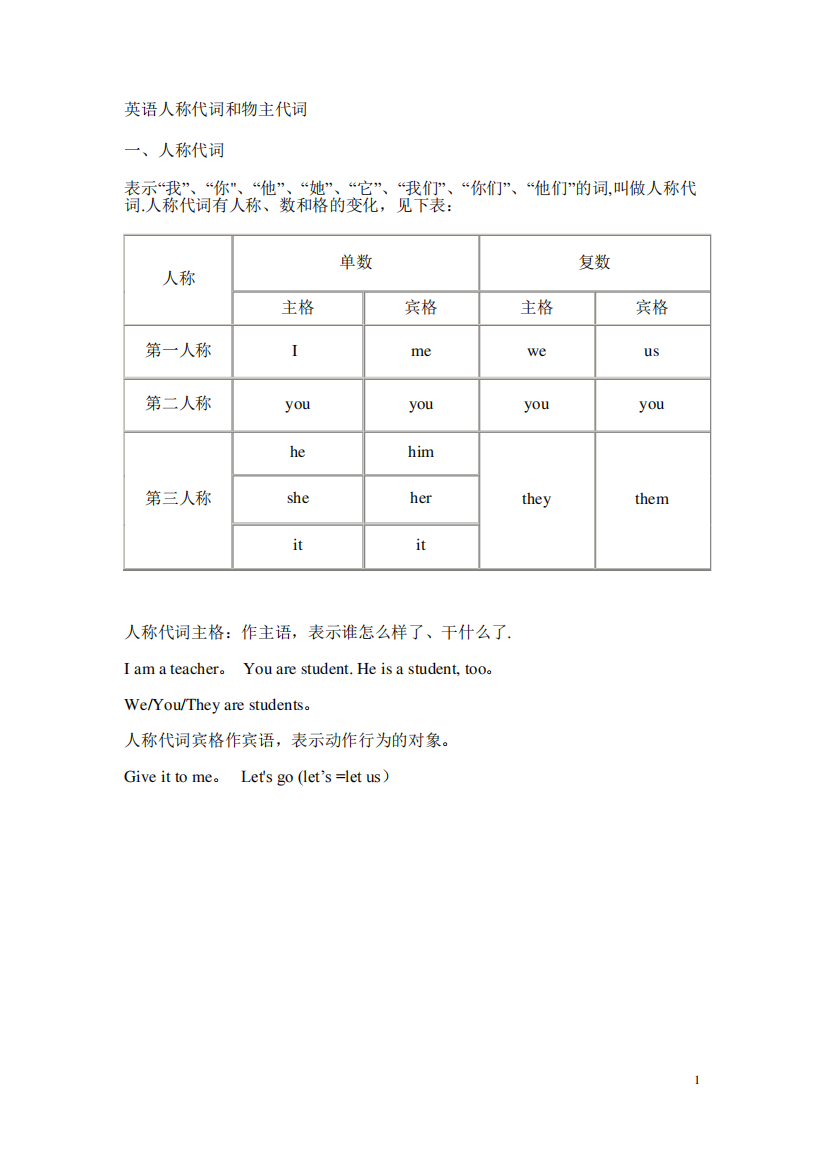 人称代词和物主代词的表格