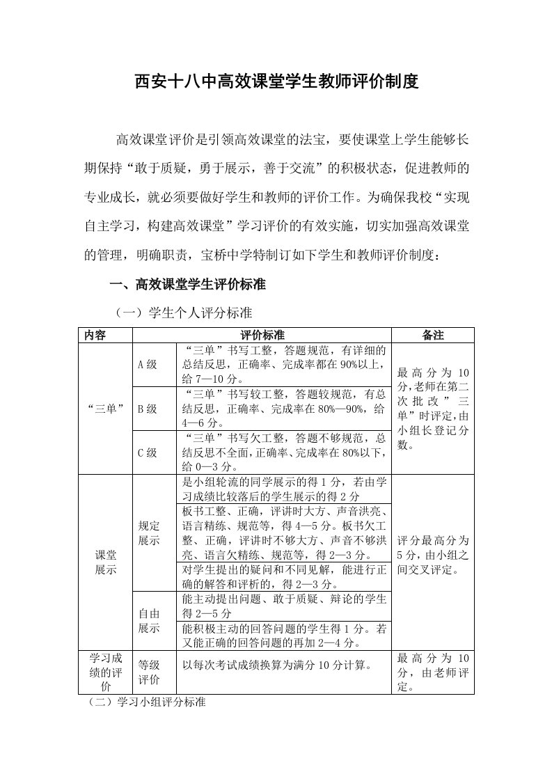 西安十八中高效课堂学生教师评价制度