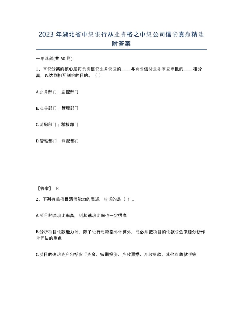 2023年湖北省中级银行从业资格之中级公司信贷真题附答案