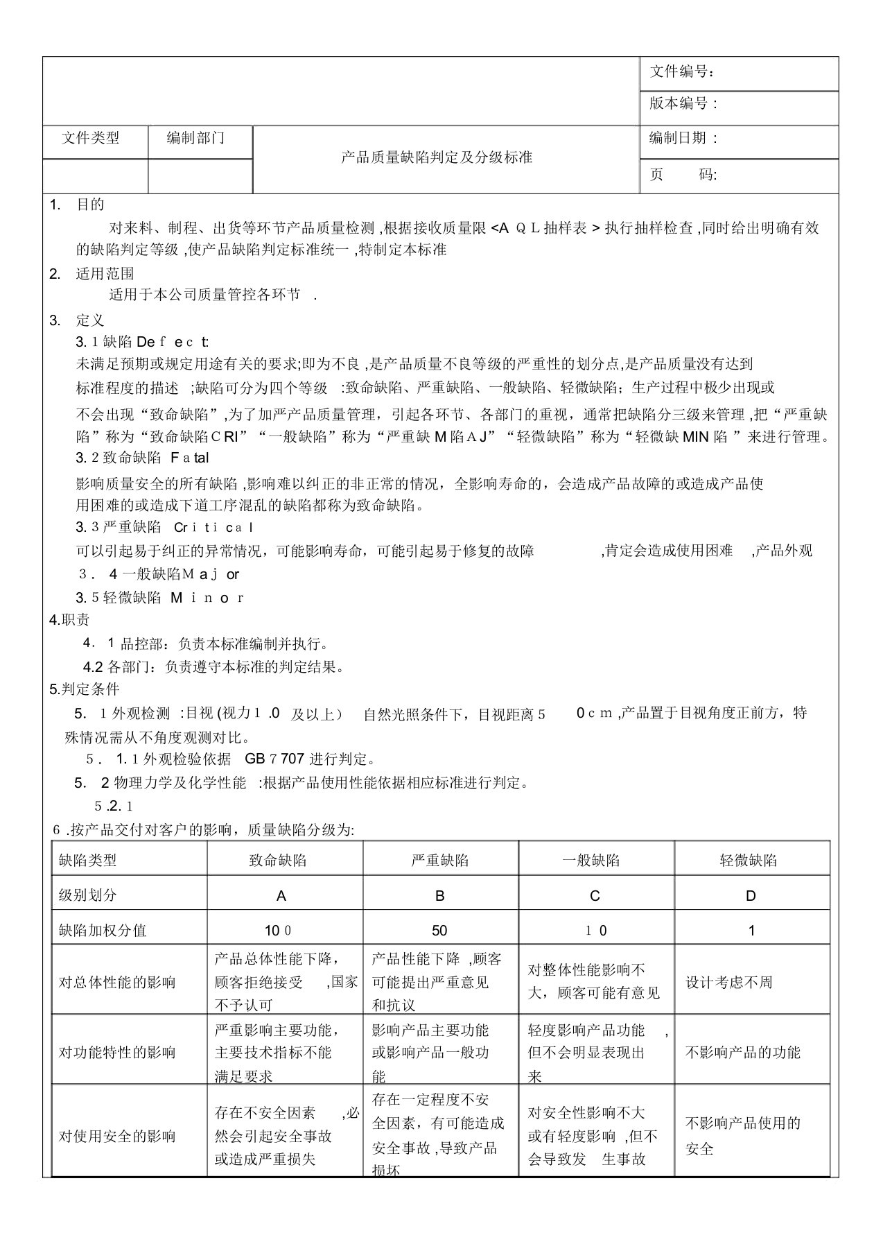 产品质量缺陷判定分级标准