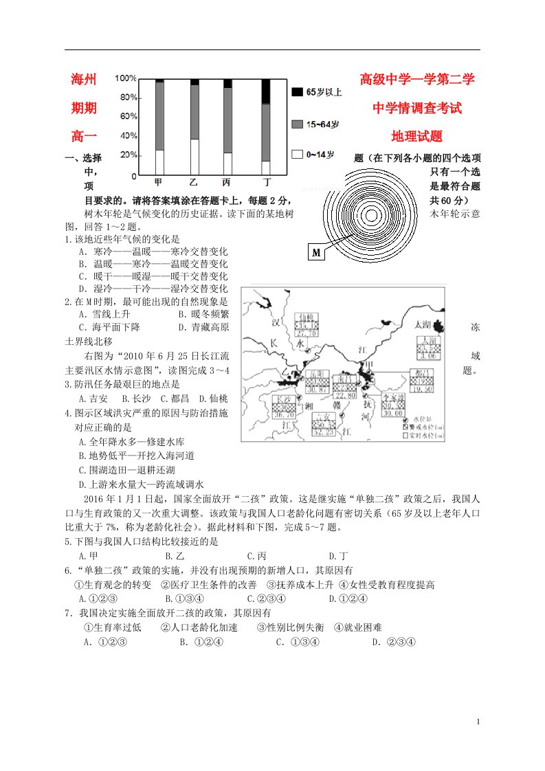 江苏省海州高级中学、灌南高级中学、海头高级中学高一地理下学期期中试题