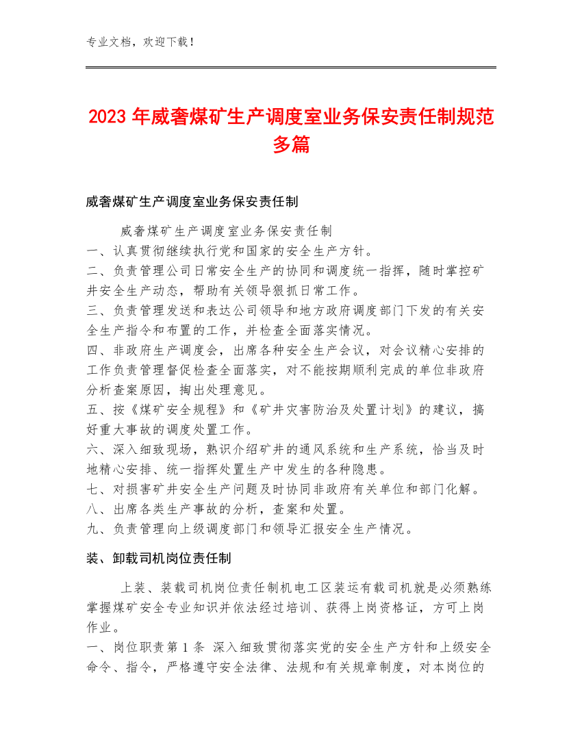 2023年威奢煤矿生产调度室业务保安责任制规范多篇