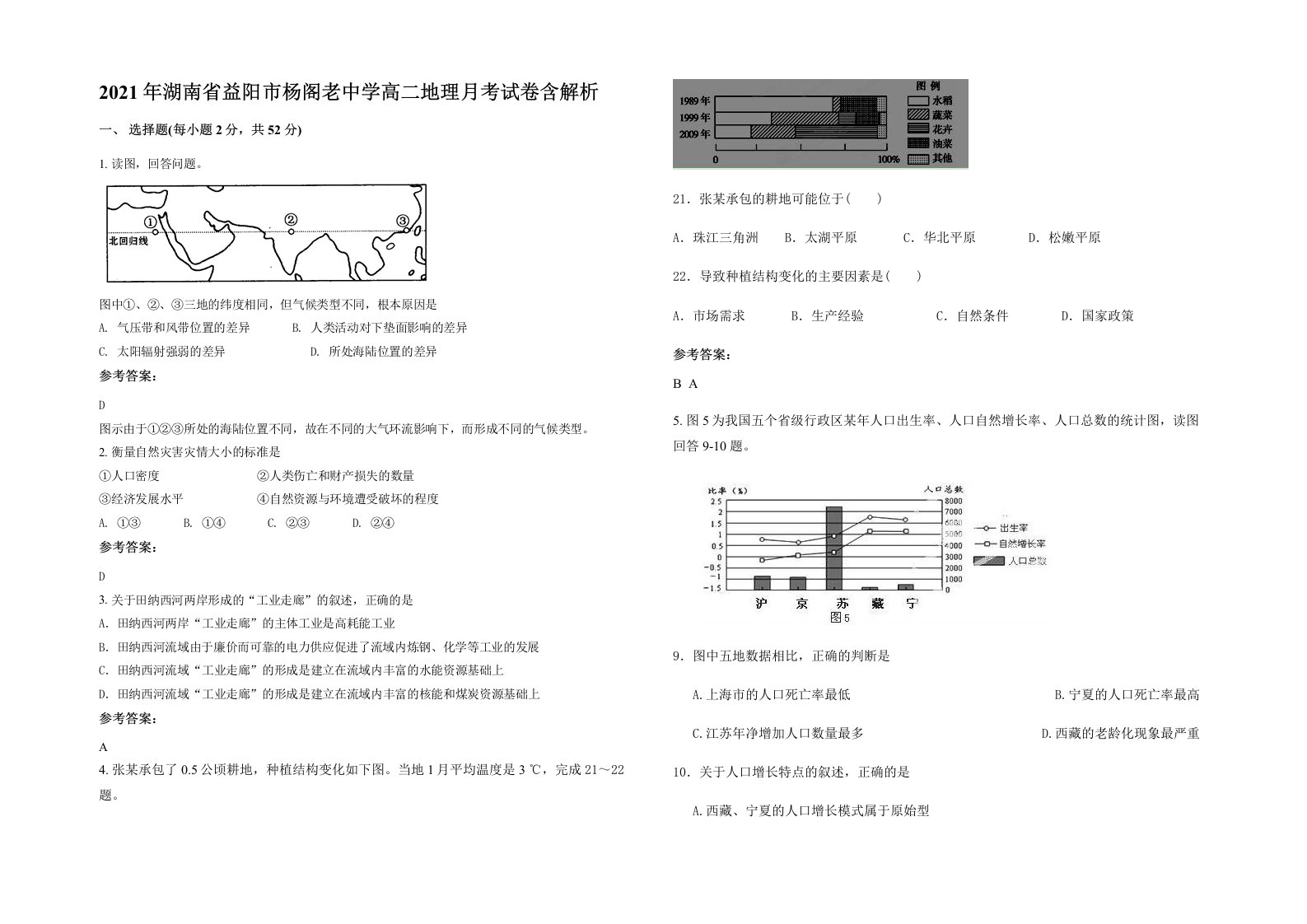 2021年湖南省益阳市杨阁老中学高二地理月考试卷含解析