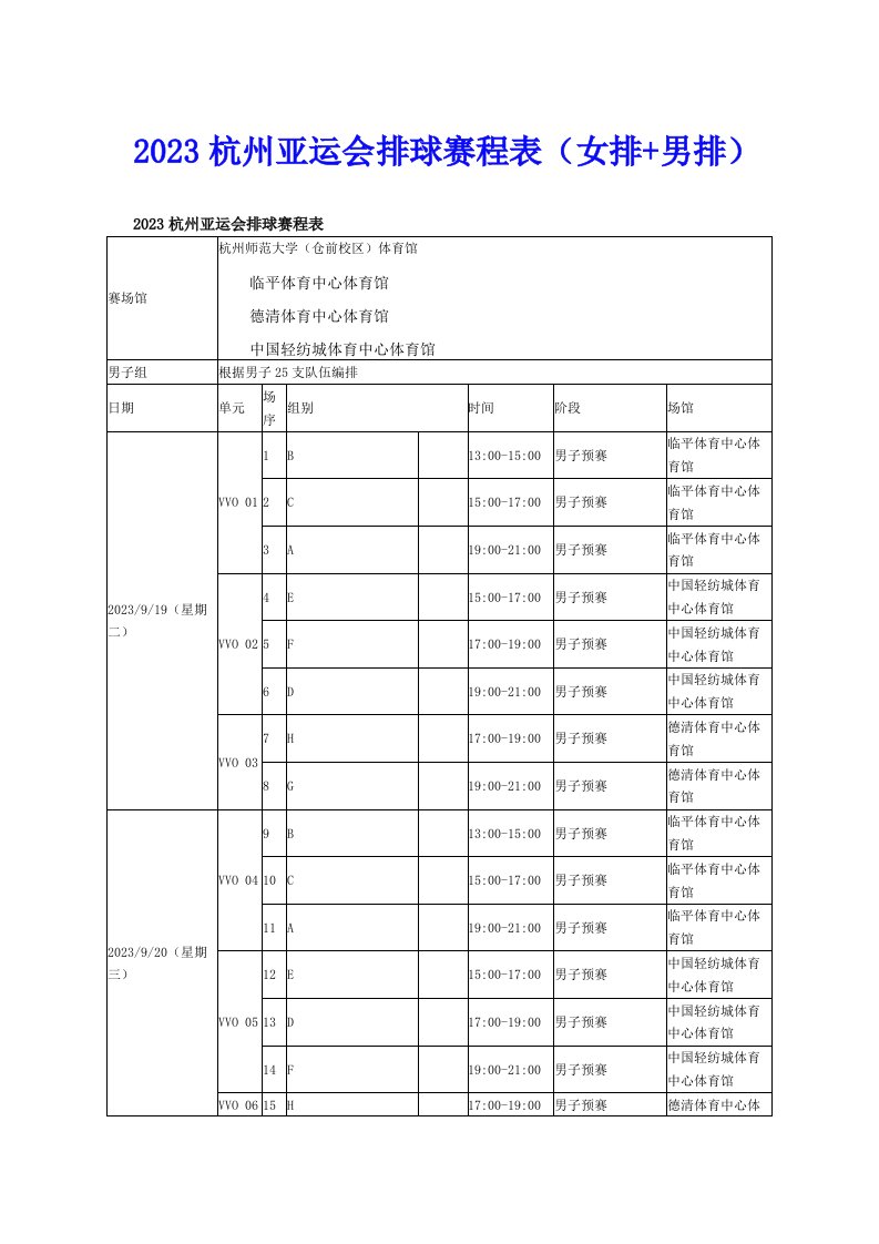 2023杭州亚运会排球赛程表（女排