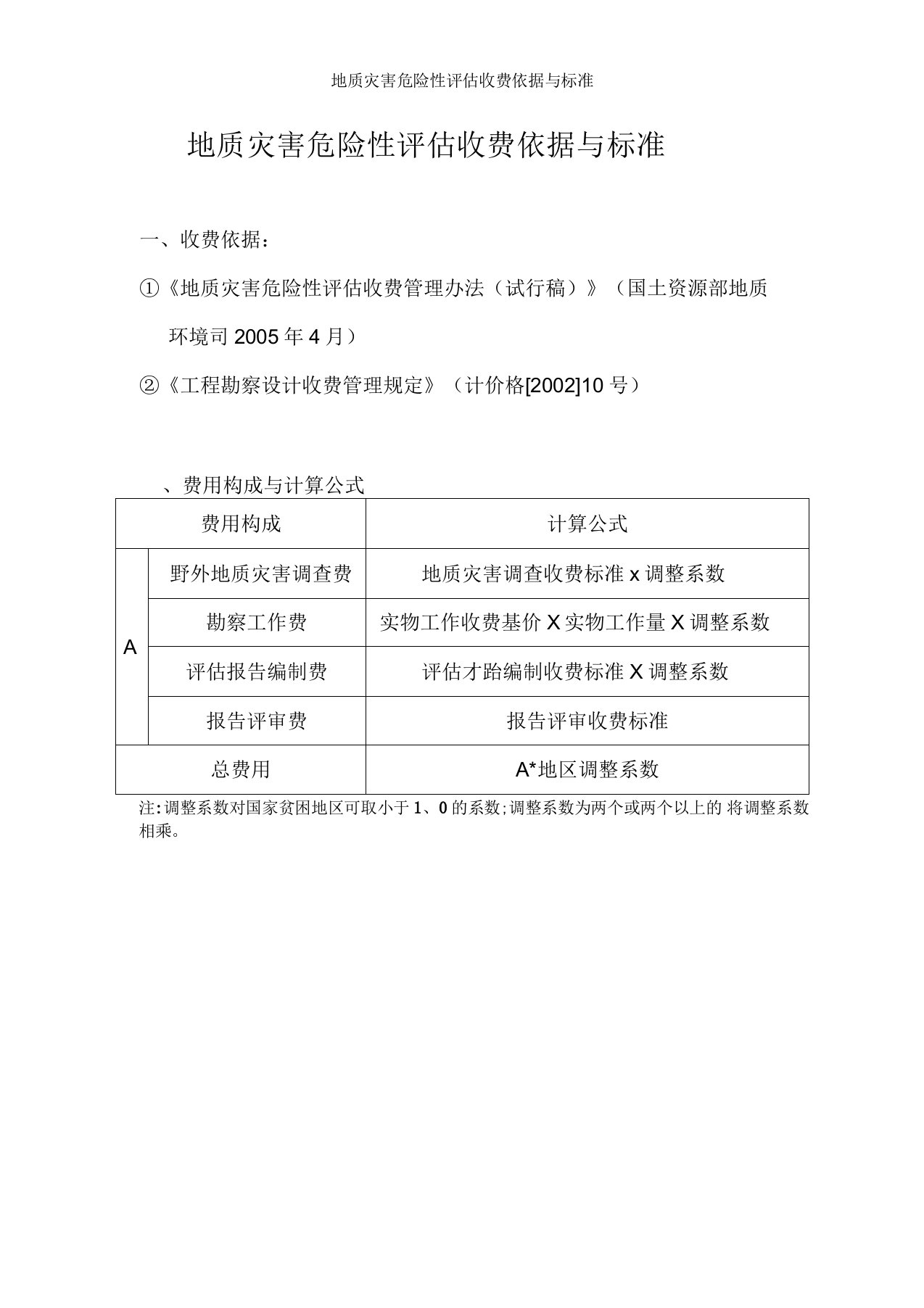 地质灾害危险性评估收费依据与标准