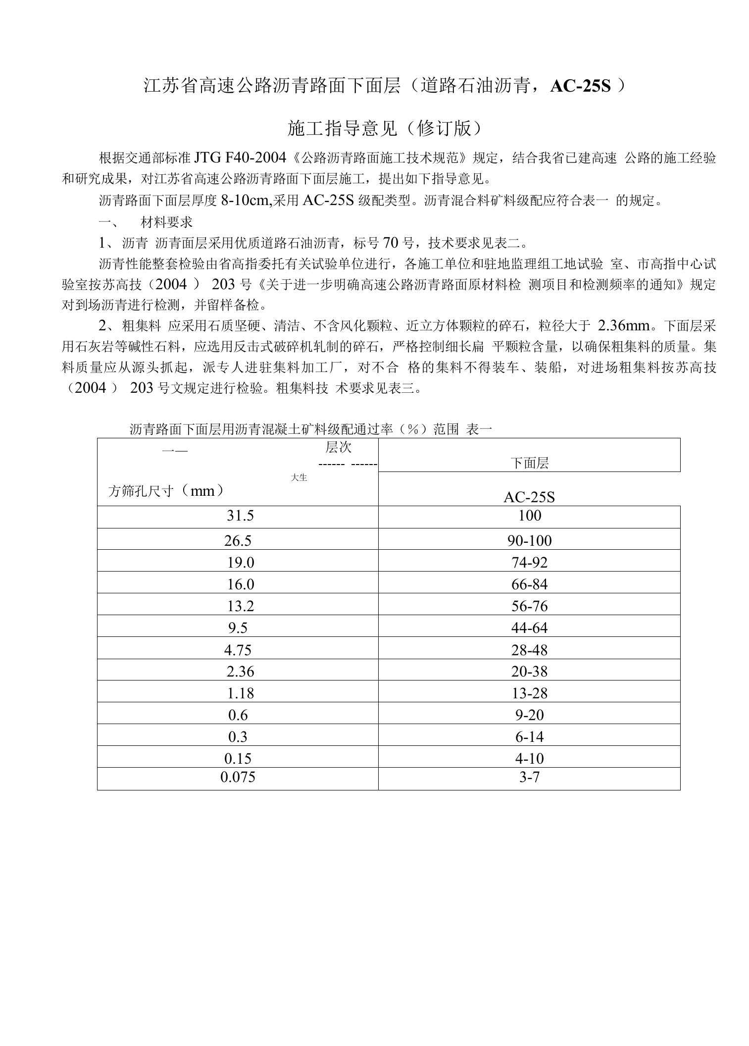 江苏省高速公路沥青路面下面层(道路石油沥青,AC-25S)施工指导意见(修订版)