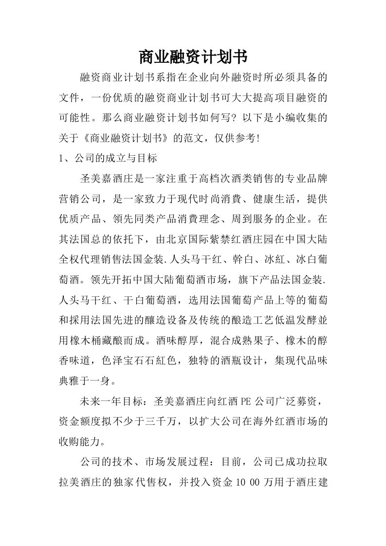 商业融资计划书.doc