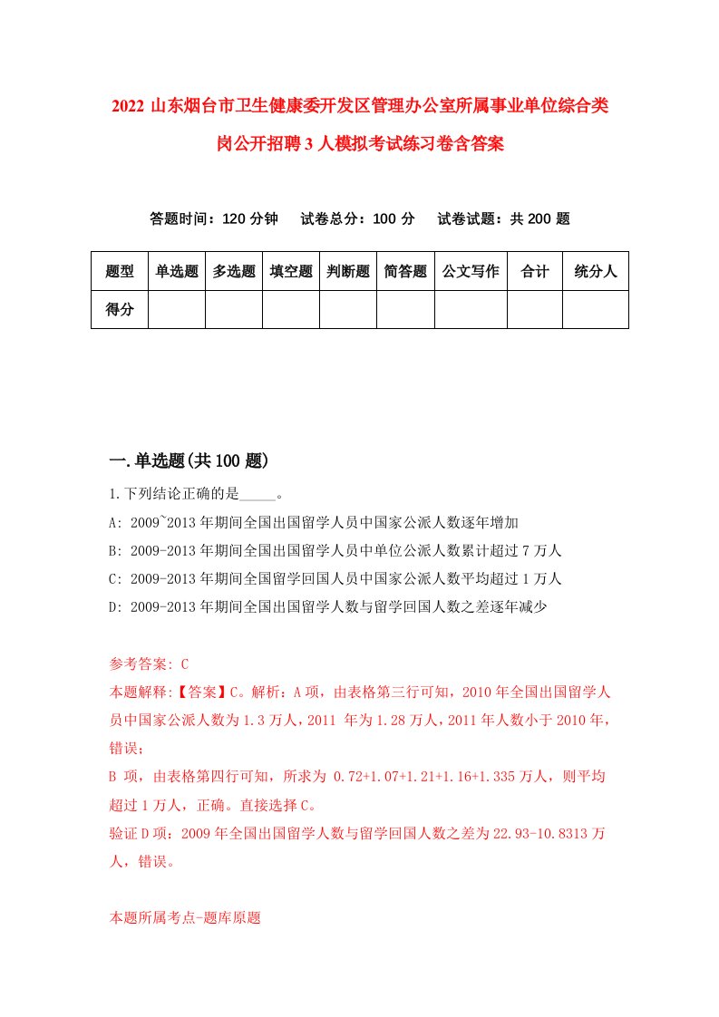 2022山东烟台市卫生健康委开发区管理办公室所属事业单位综合类岗公开招聘3人模拟考试练习卷含答案第1卷