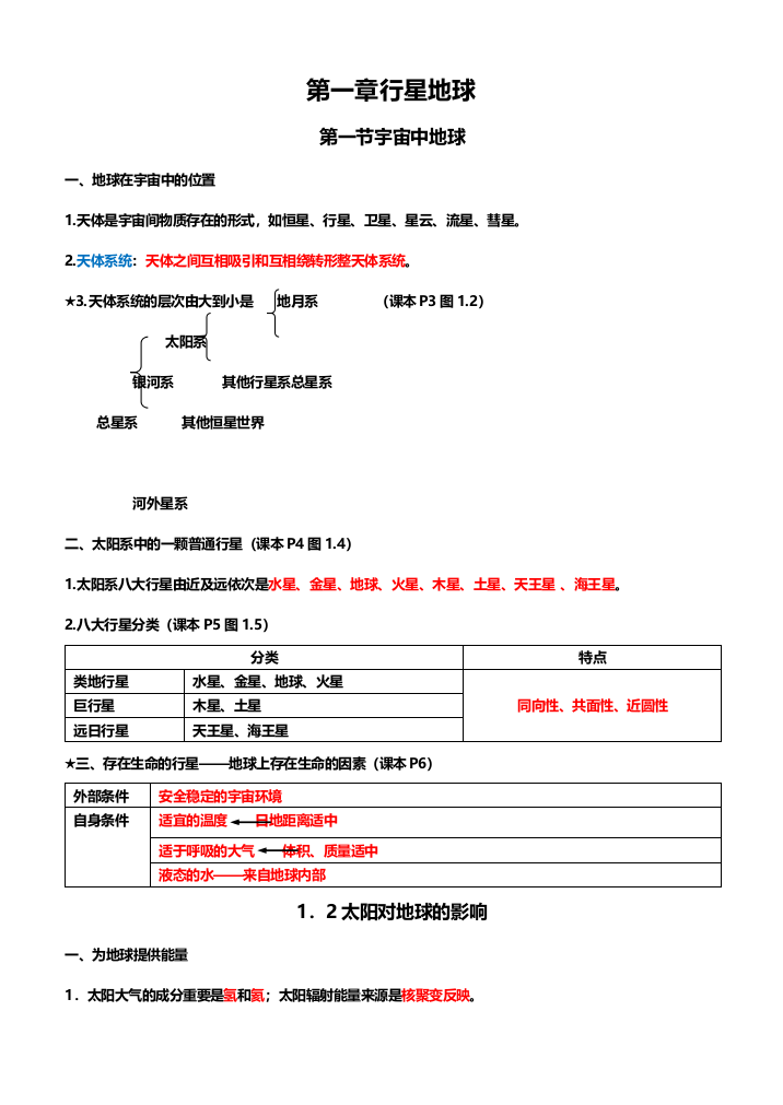 2023年人教版高中地理必修一知识点总结