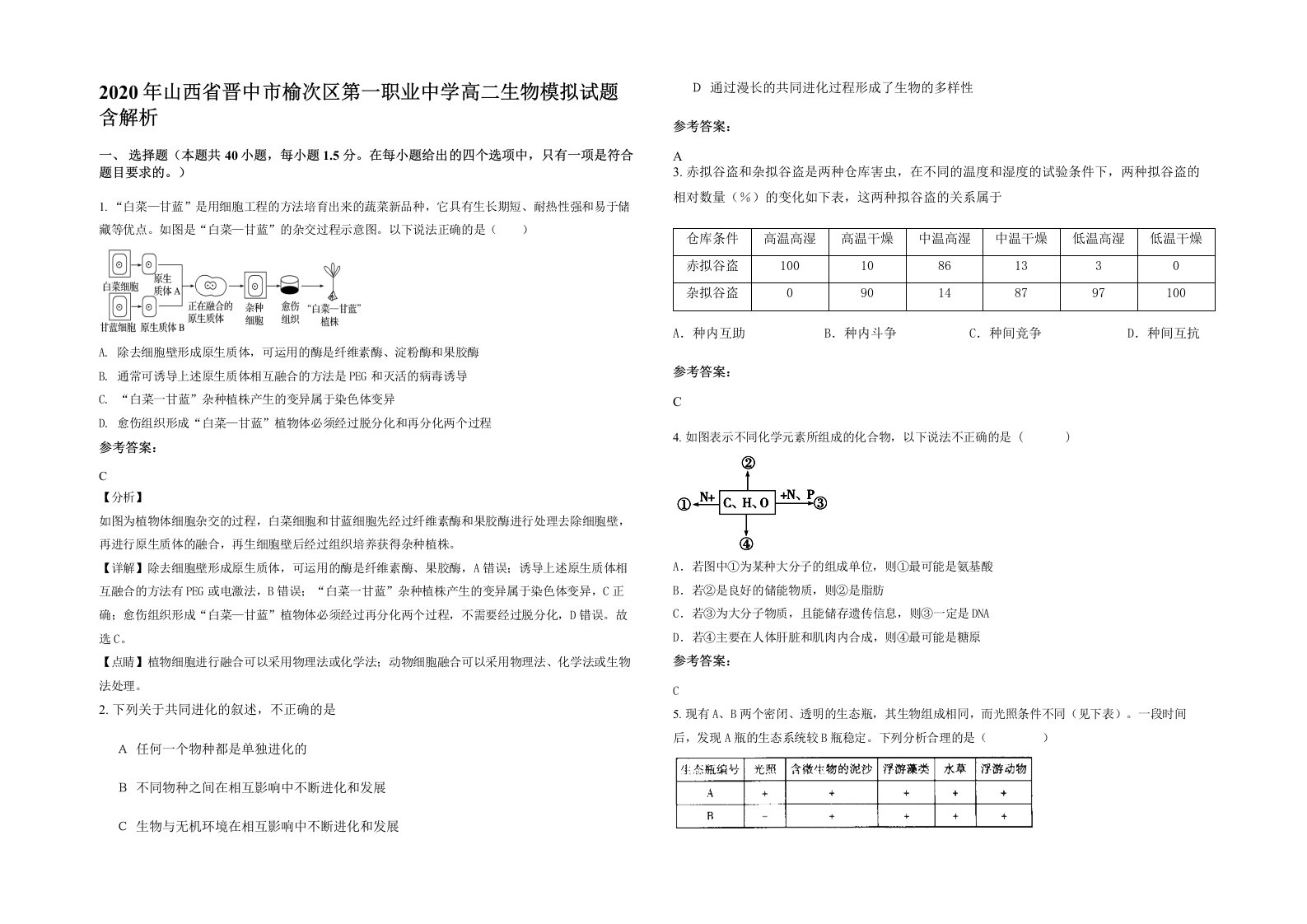 2020年山西省晋中市榆次区第一职业中学高二生物模拟试题含解析