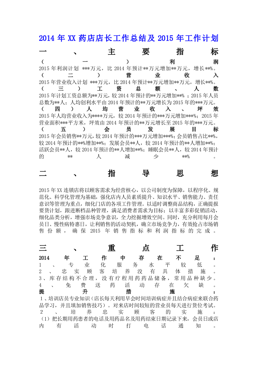 2014年XX药店店长工作总结及2015年工作计划