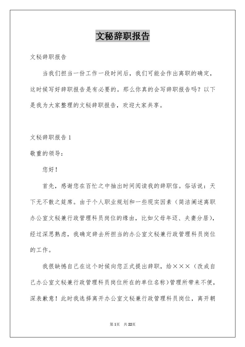 文秘辞职报告汇总