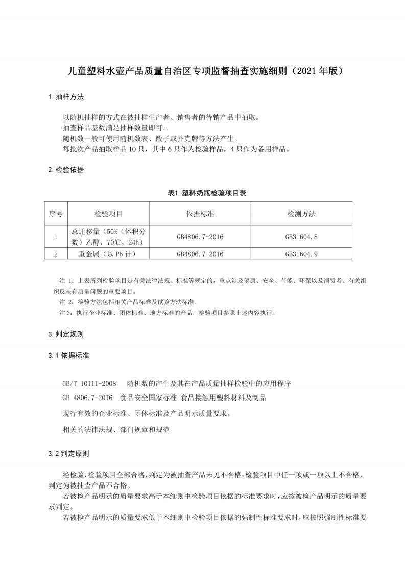 儿童塑料水壶产品质量自治区专项监督抽查实施细则（2021年版）