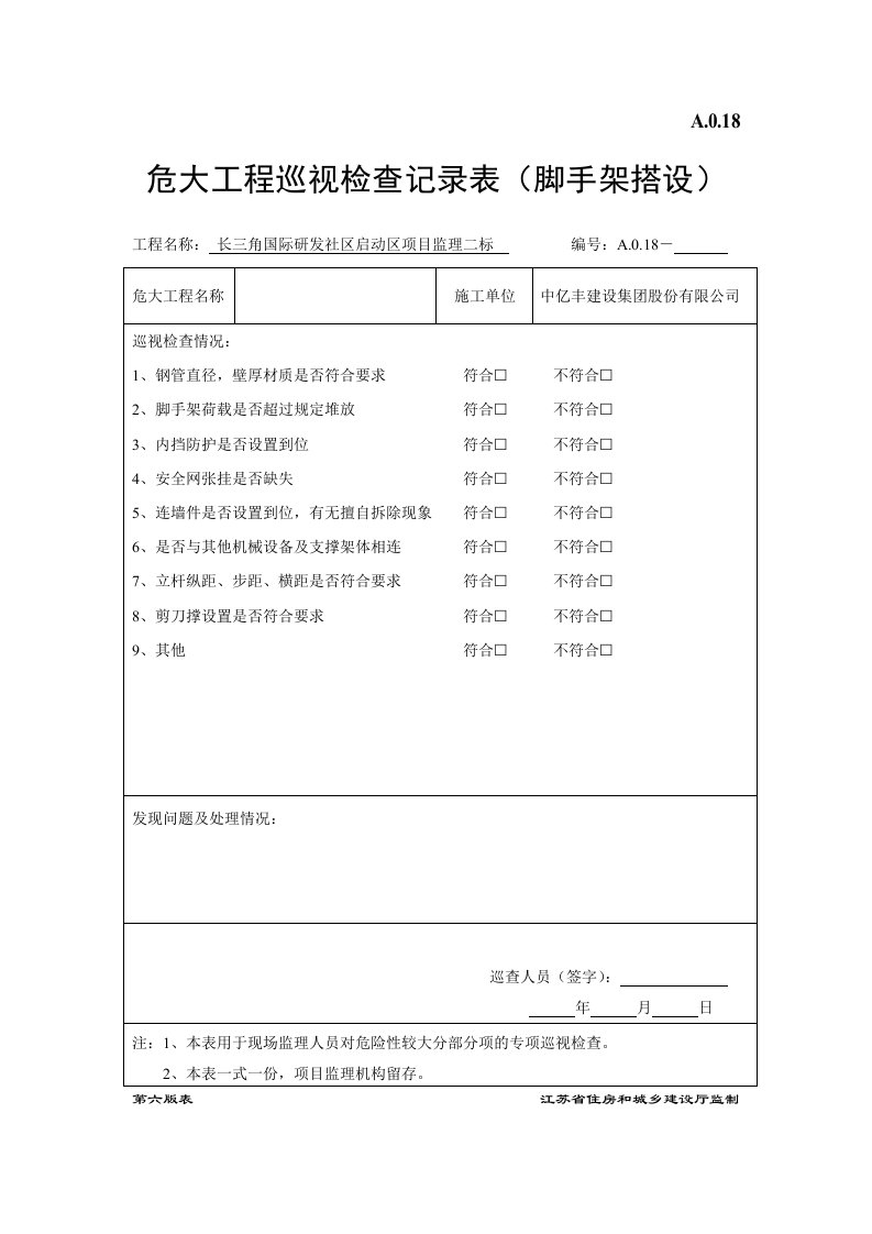 危大工程巡视检查记录(落地脚手架)