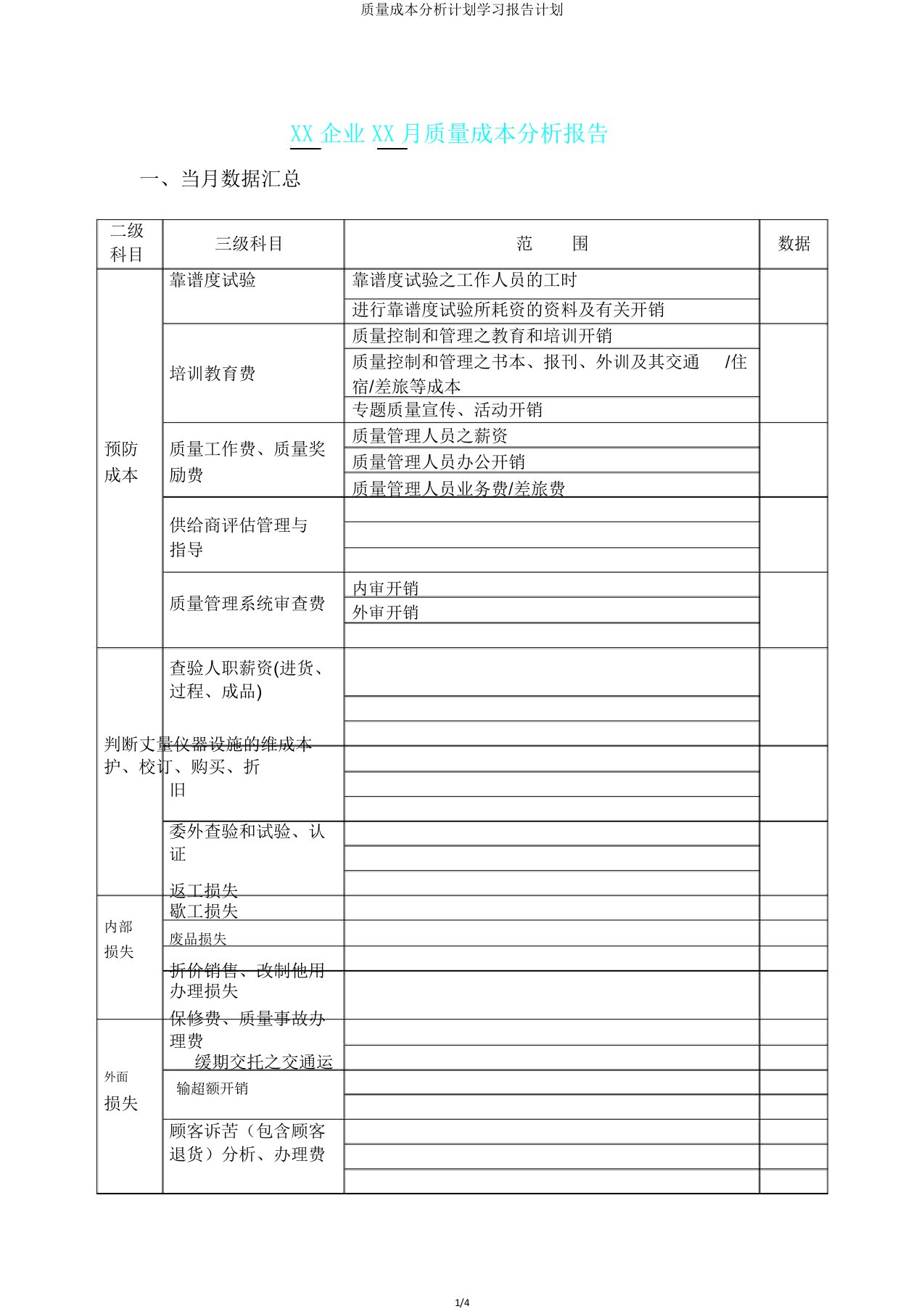 质量成本分析计划学习报告计划