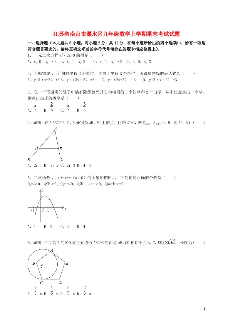 江苏省南京市溧水区九级数学上学期期末考试试题（含解析）