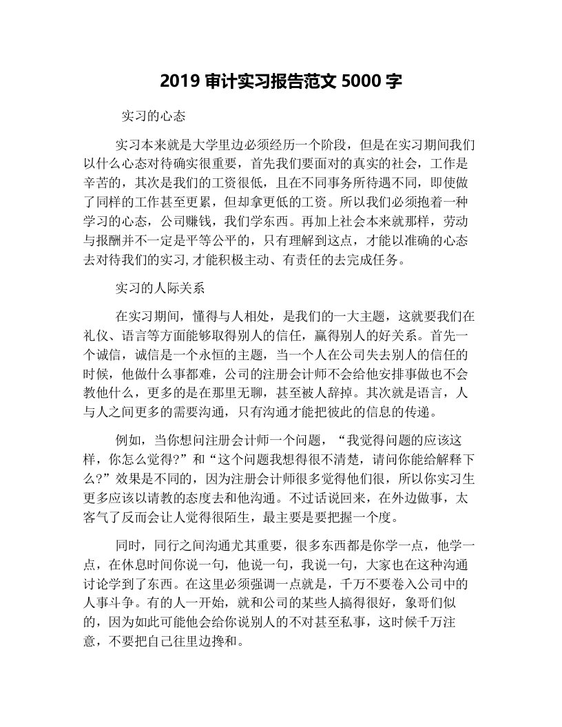 2019审计实习报告范文5000字