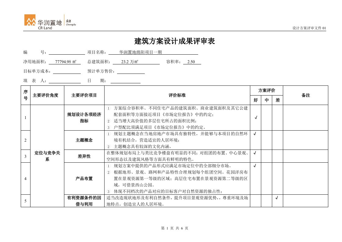 建筑方案设计成果评审表