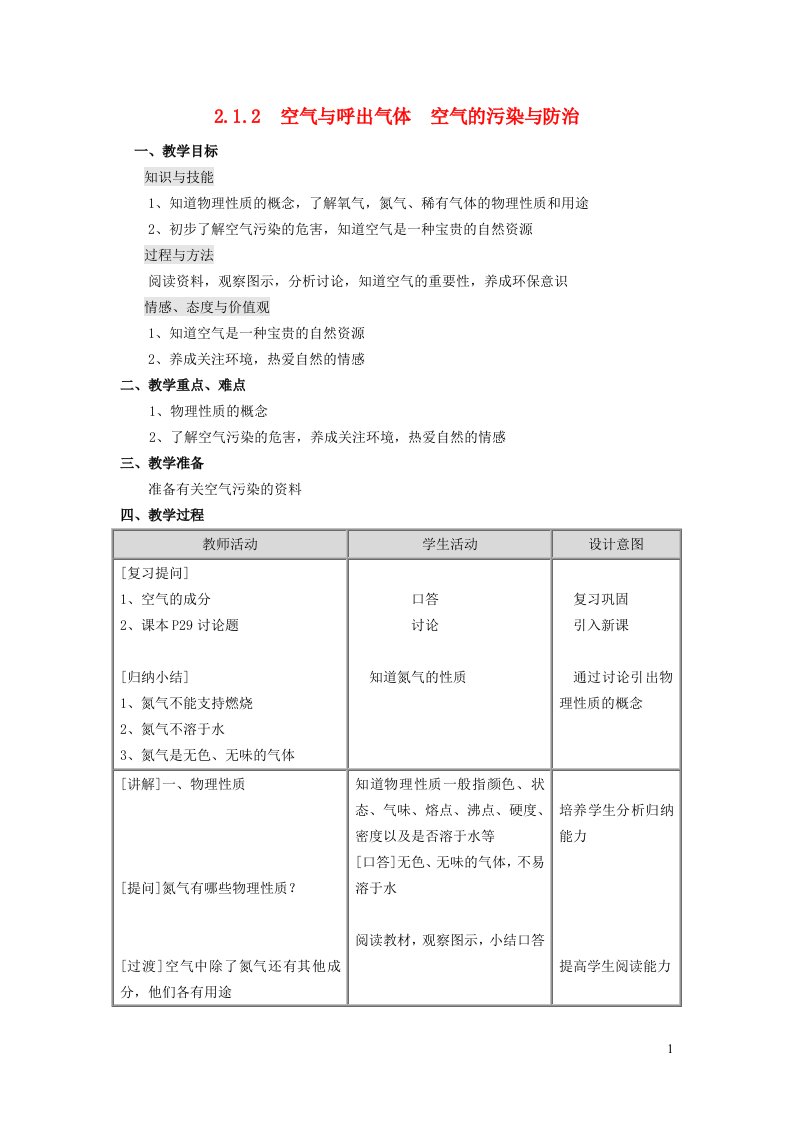 2021九年级化学上册第二章空气物质的构成2.1空气的成分第2课时空气与呼出气体空气的污染与防治教学设计1科学版