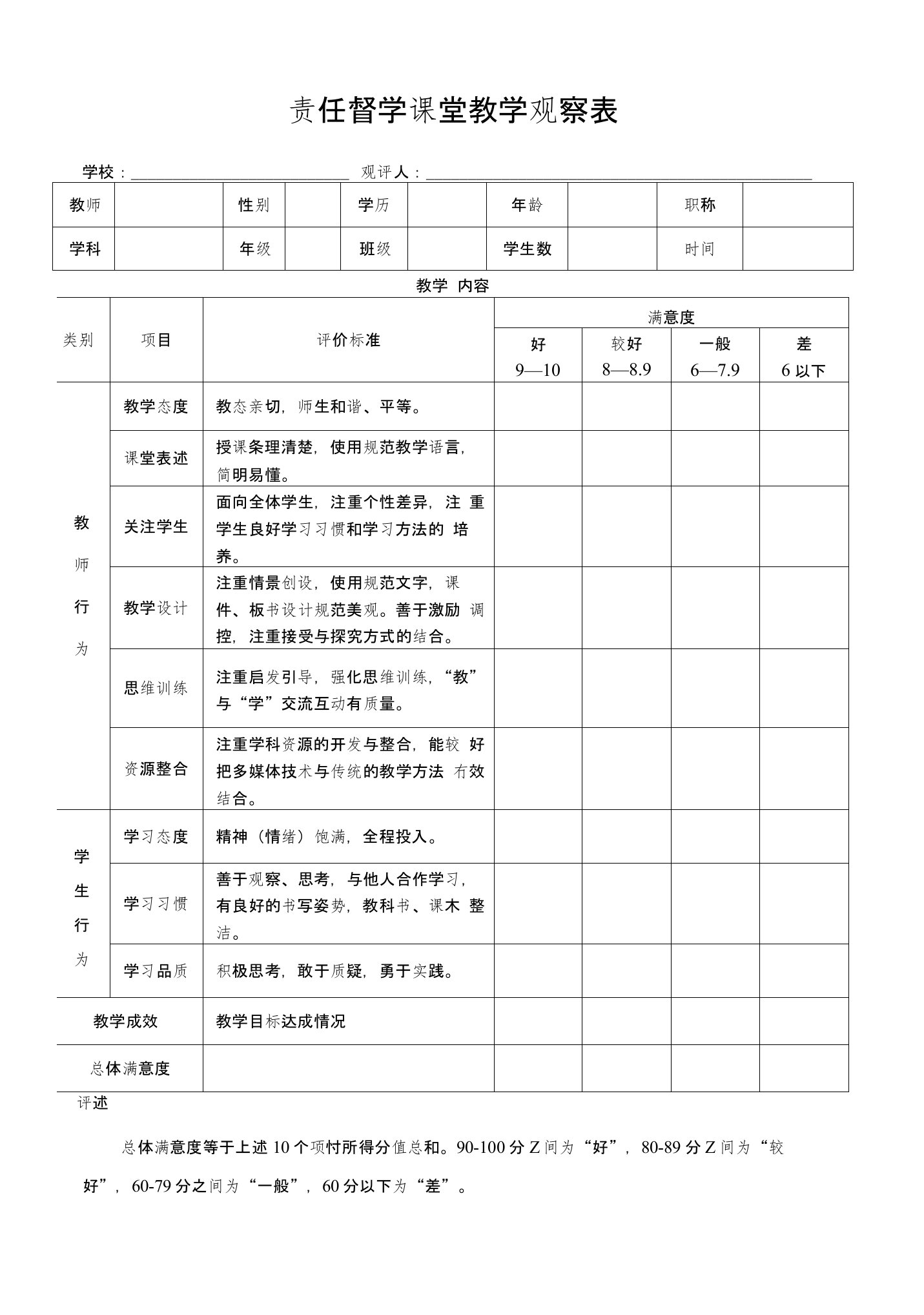 责任督学课堂教学观察表