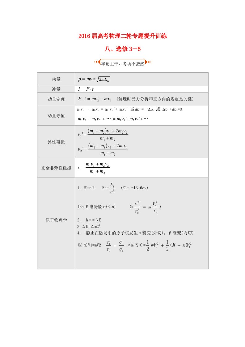 2016届高考物理二轮专题提升训练8选修3-5