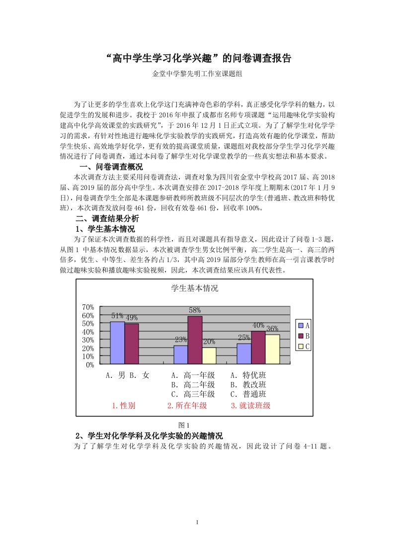 高中学生学习化学兴趣的问卷调查报告-金堂中学