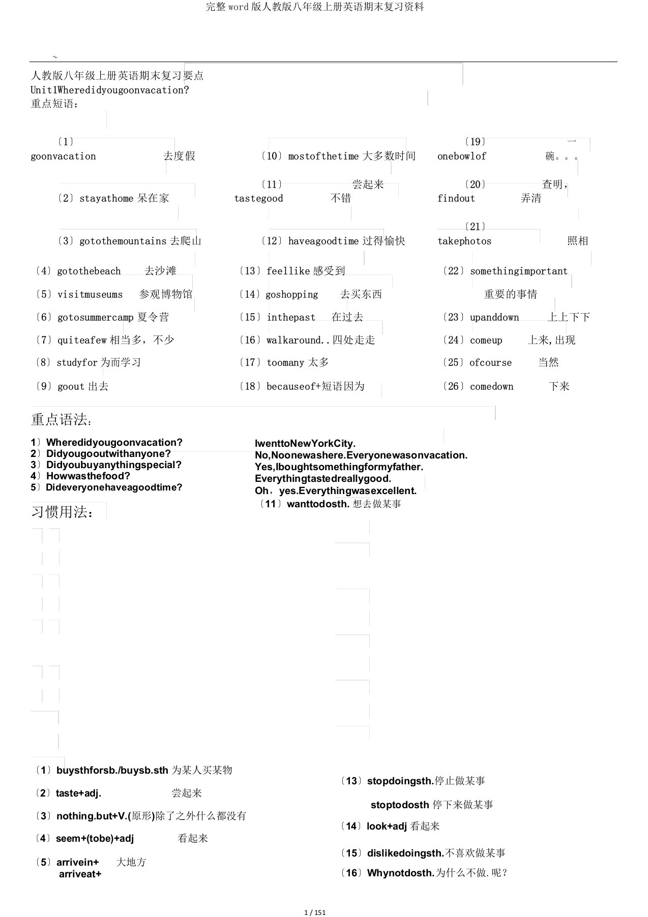 完整word版人教版八年级上册英语期末复习资料