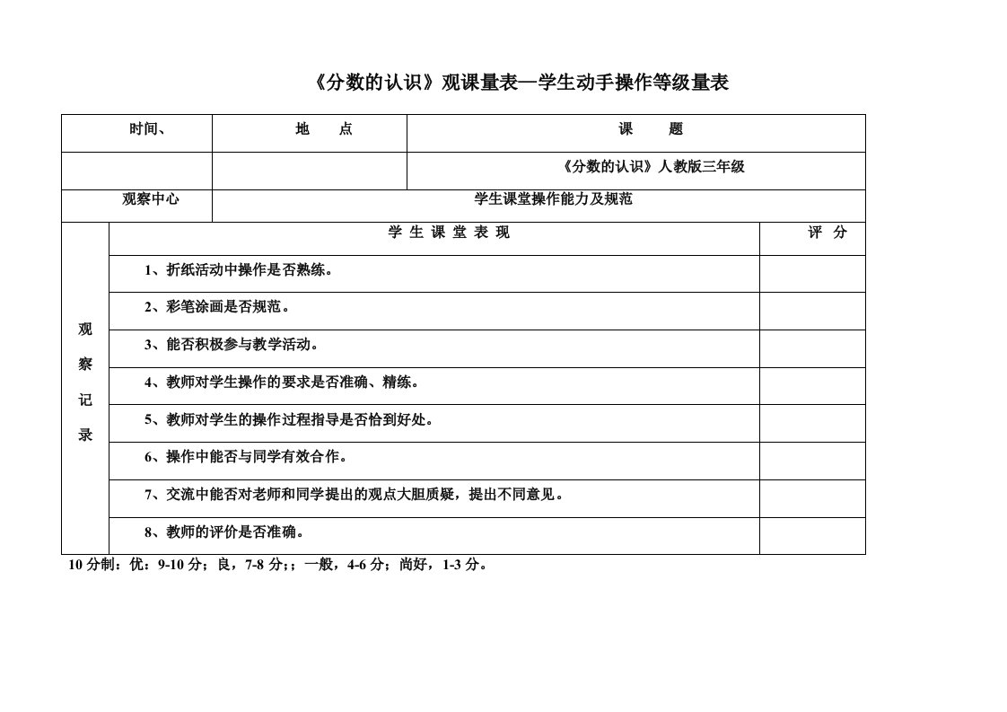 小学数学课堂观察量表