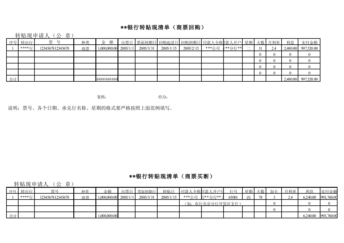 转贴现清单模版