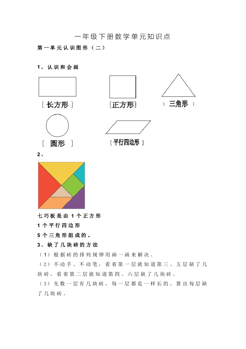 一年级下册数学单元知识点