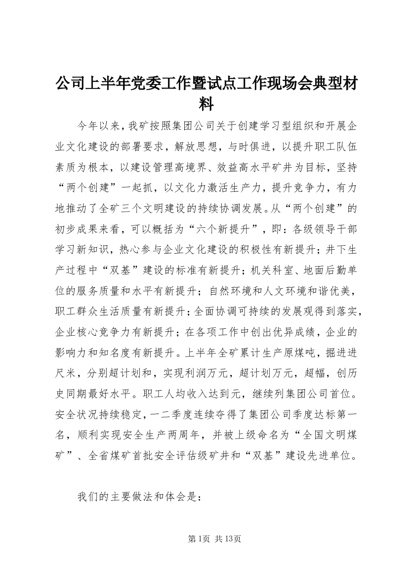 公司上半年党委工作暨试点工作现场会典型材料