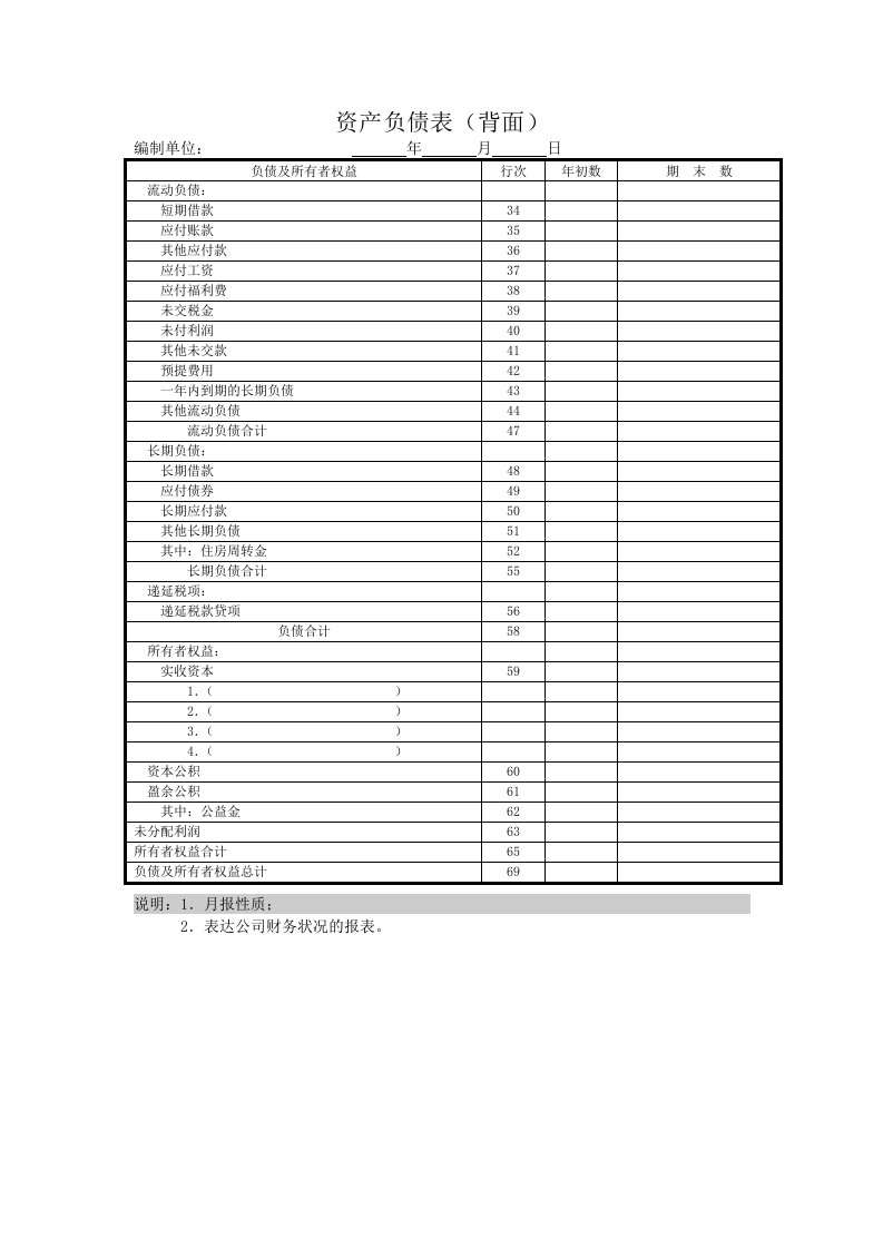 企业资产负债明细表(背面)