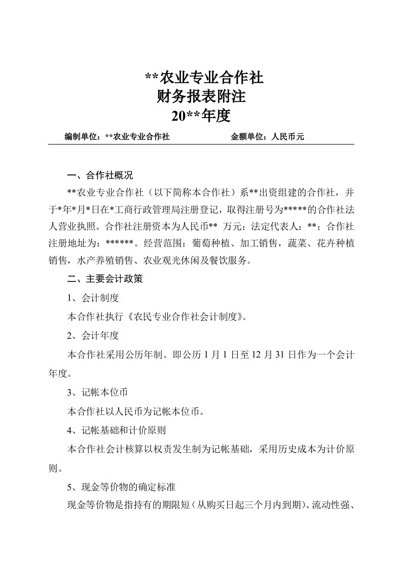 农业专业合作社财务报表附注