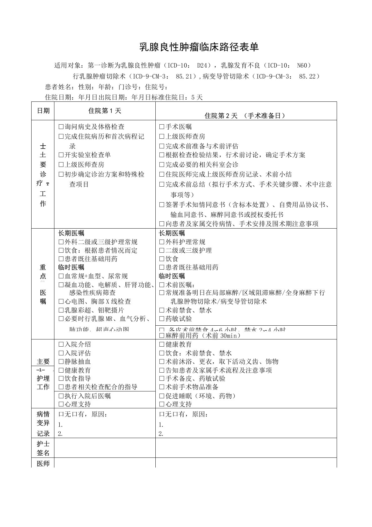 乳腺良性肿瘤临床路径表单