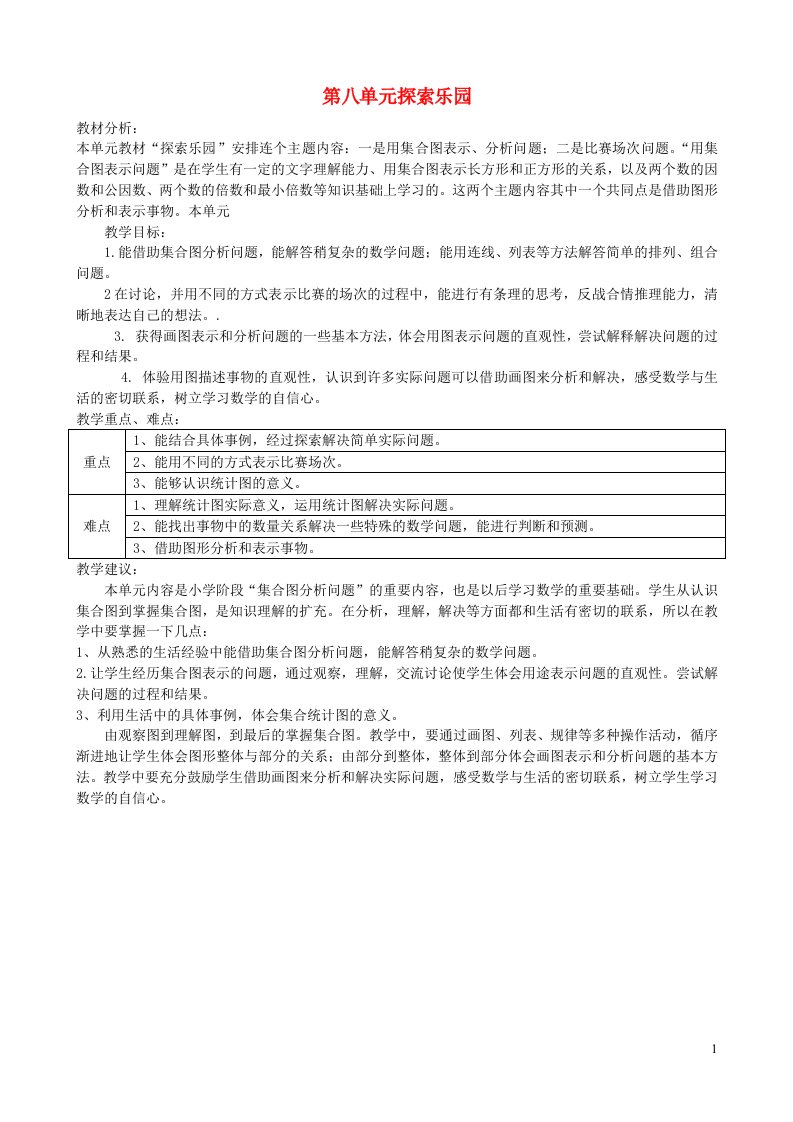 2023五年级数学下册八探索乐园单元概述与课时安排教案冀教版