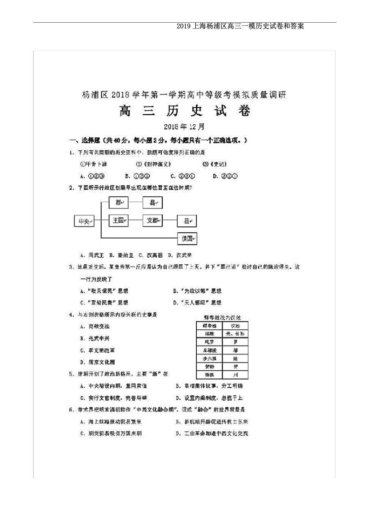 2019上海杨浦区高三一模历史试卷和答案