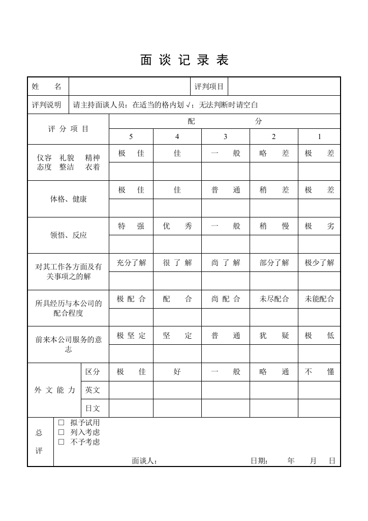 面-谈-记-录-表