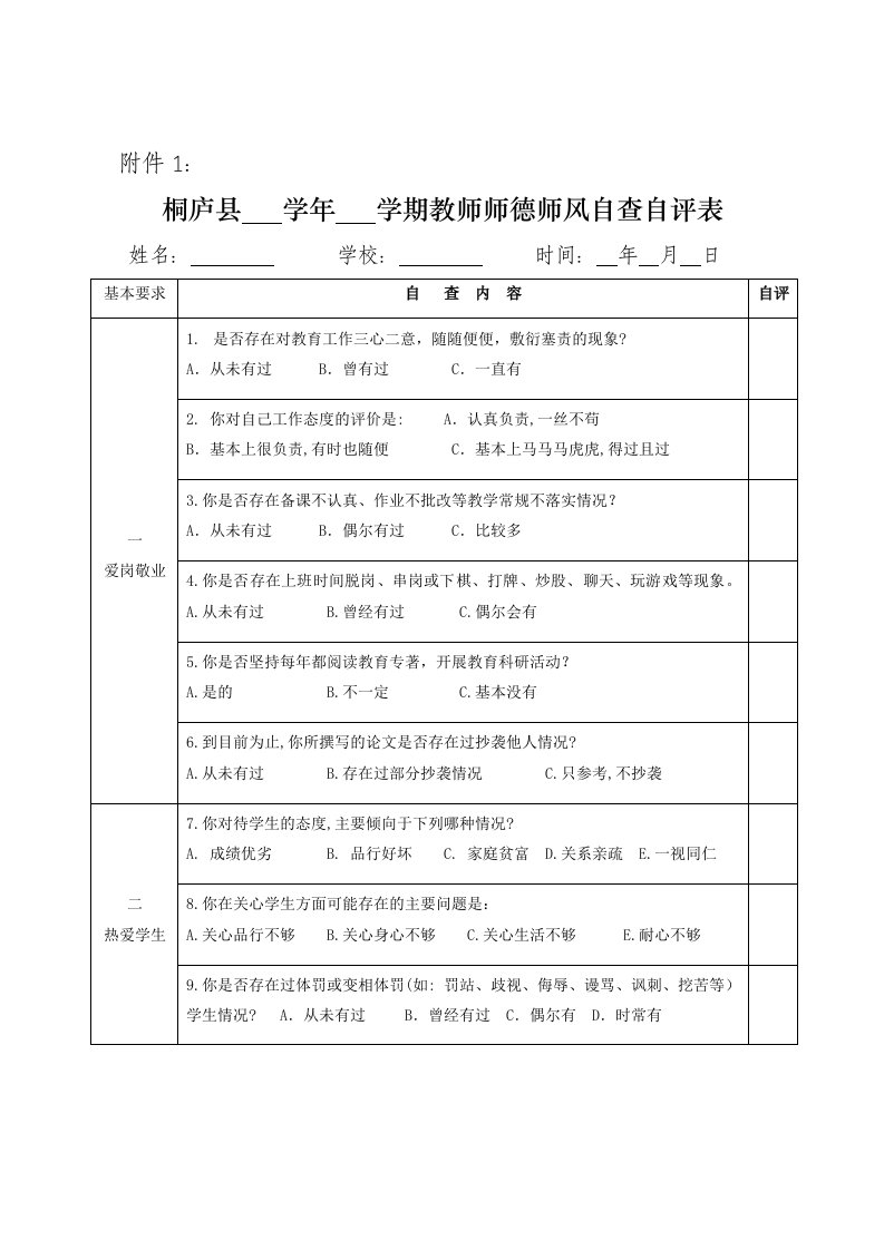 教师师德师风自查自评表