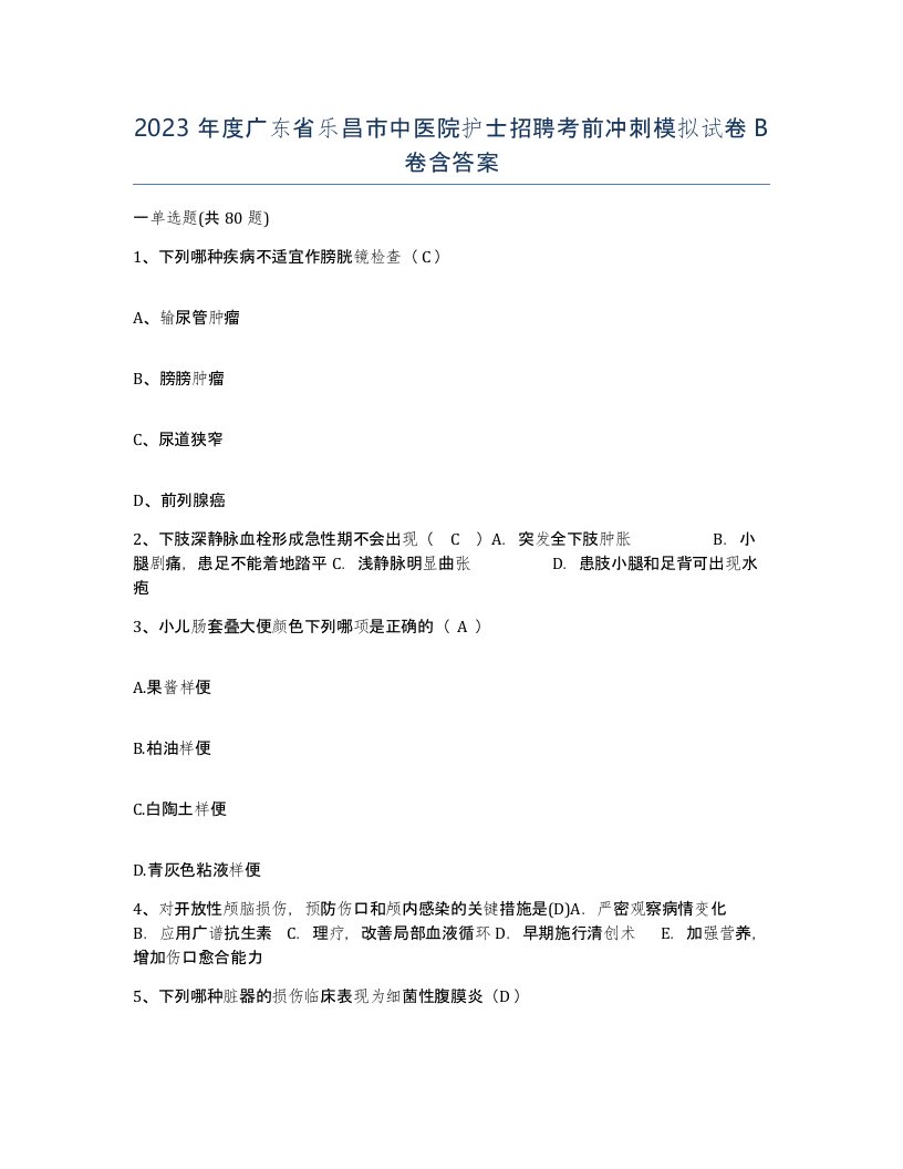 2023年度广东省乐昌市中医院护士招聘考前冲刺模拟试卷B卷含答案