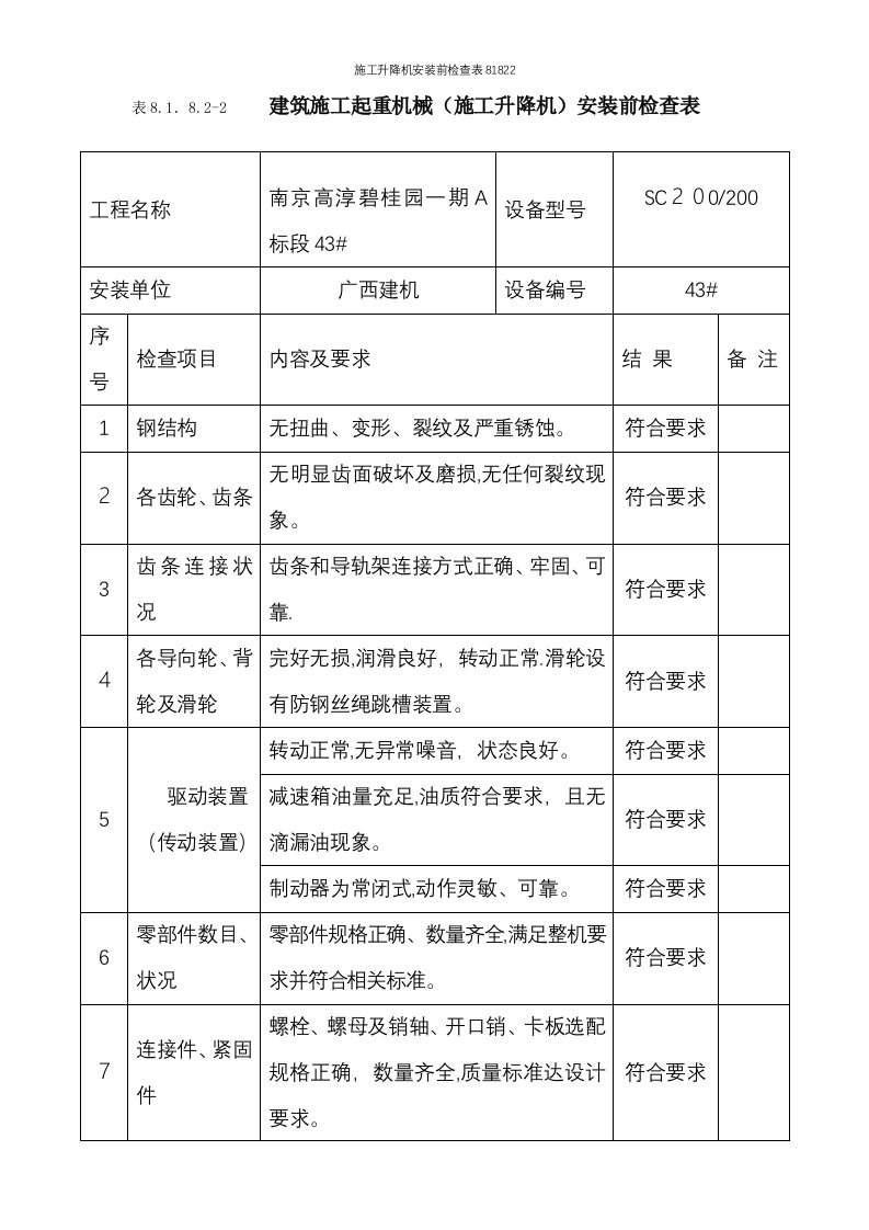 施工升降机安装前检查表