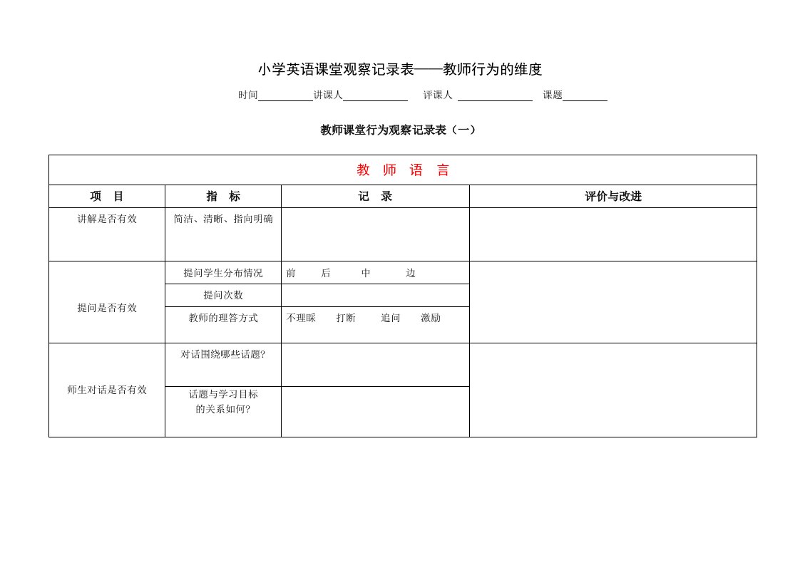 课堂观察量表教师行为