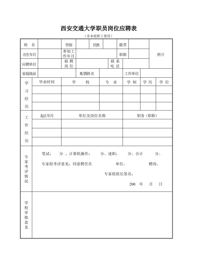 西安交通大学职员岗位应聘表