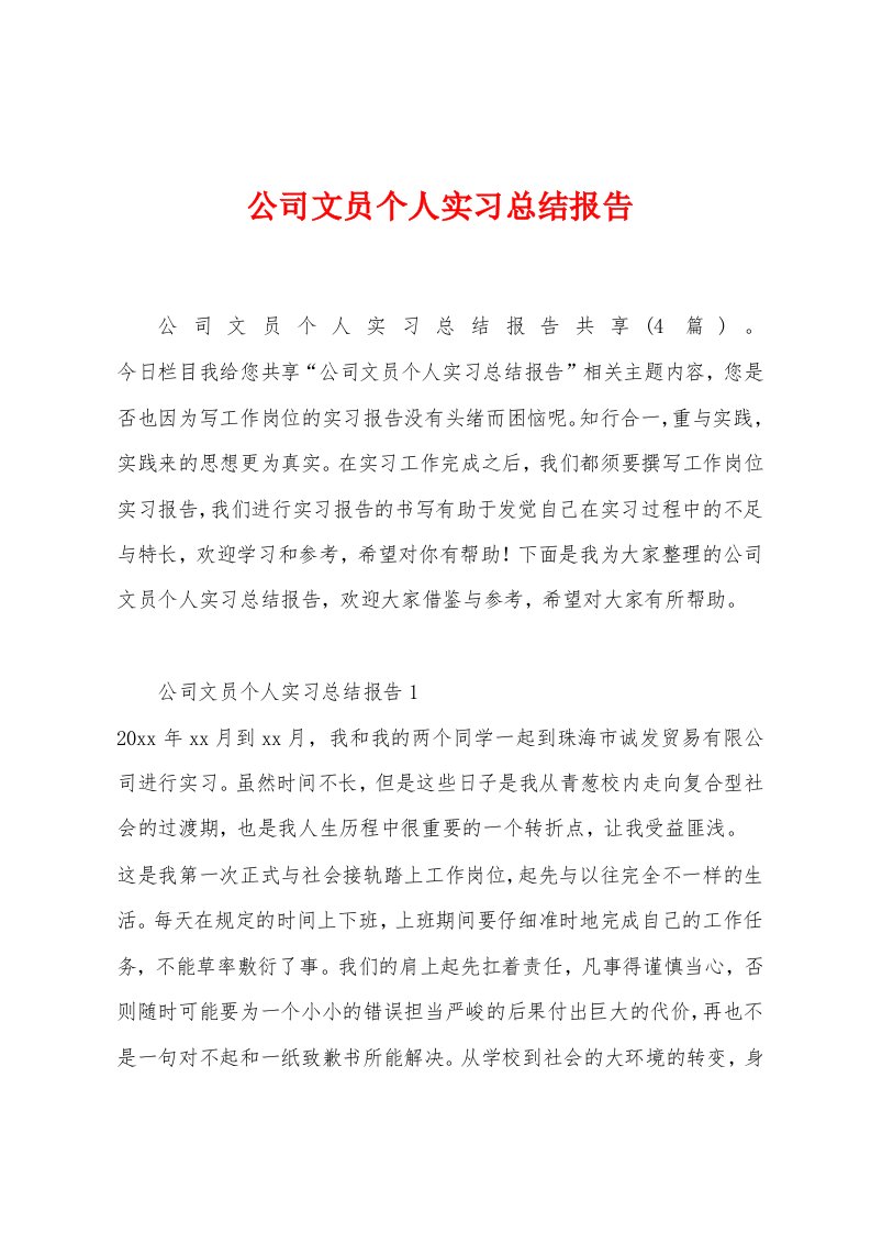 公司文员个人实习总结报告